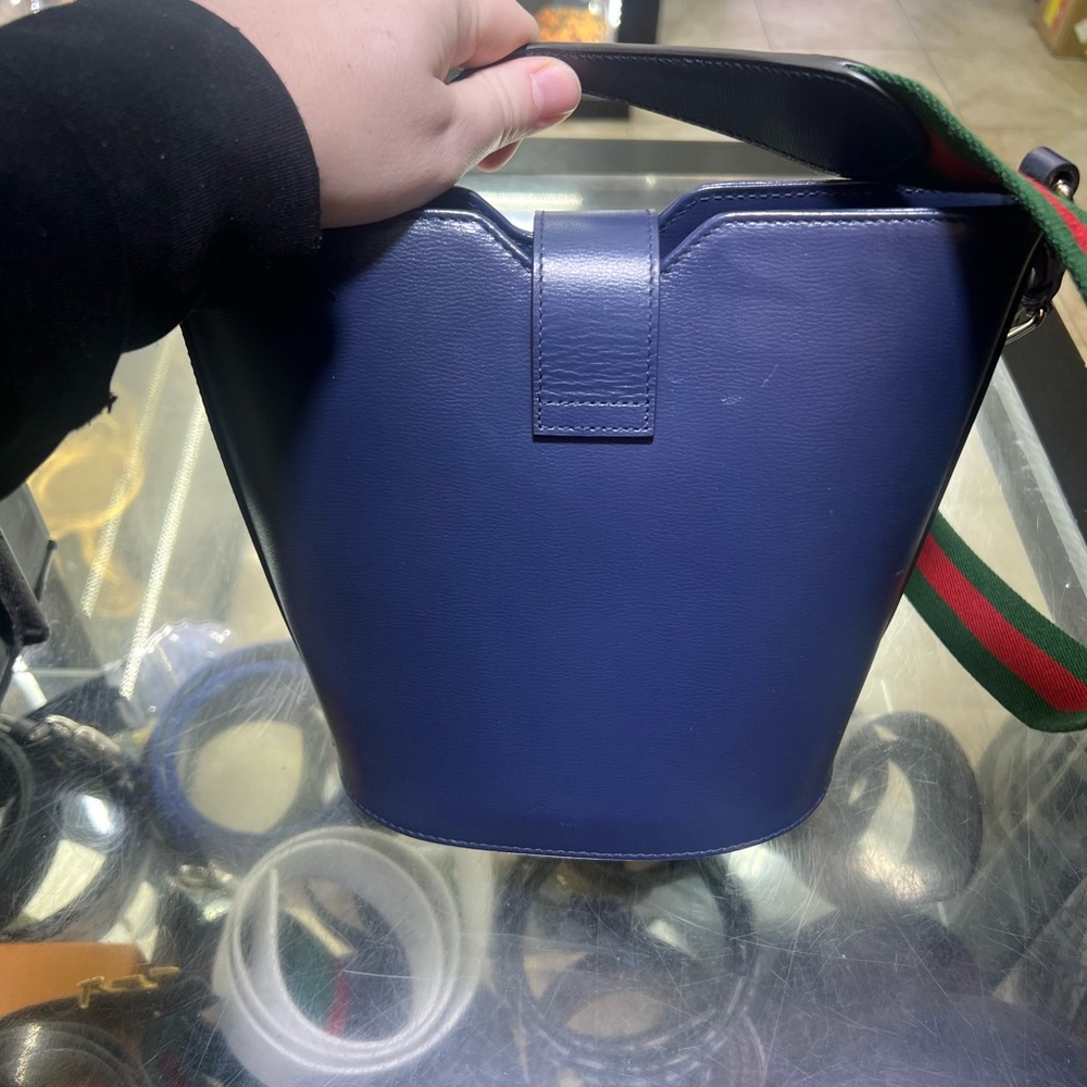 Women’s Navy Leather Bucket Bag with Green-Red Strap - Picture 2 of 16